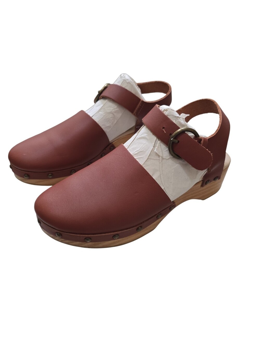 Zara Studded Wooden Leather Clog Mule With Buckle Ankle Strap Brown 36 Size 6